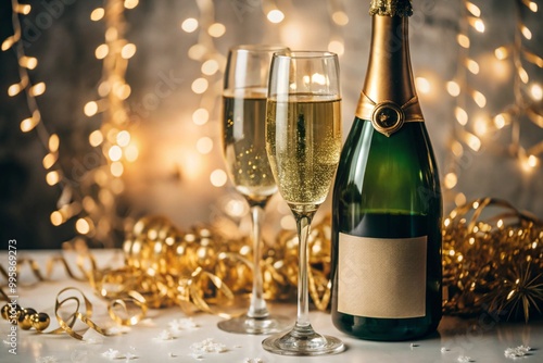 Wallpaper Mural Happy New Year 2025. A banner for Christmas and New Year holidays. Two glasses and a bottle of champagne with sparkling lights and streamers around. Torontodigital.ca