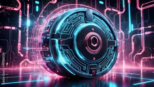 Futuristic metallic wheel with neon lights and circuit board design.