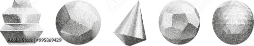3D vector gradient geometric shapes with noise effect. Cube, cylinder, triangle, rhombus with grainy dot texture.