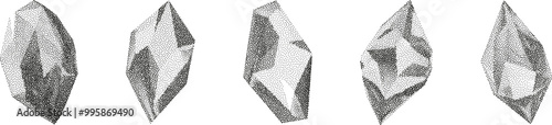 3D vector gradient geometric shapes with noise effect. Cube, cylinder, triangle, rhombus with grainy dot texture.