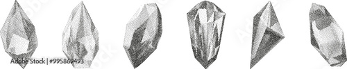 3D vector gradient geometric shapes with noise effect. Cube, cylinder, triangle, rhombus with grainy dot texture.