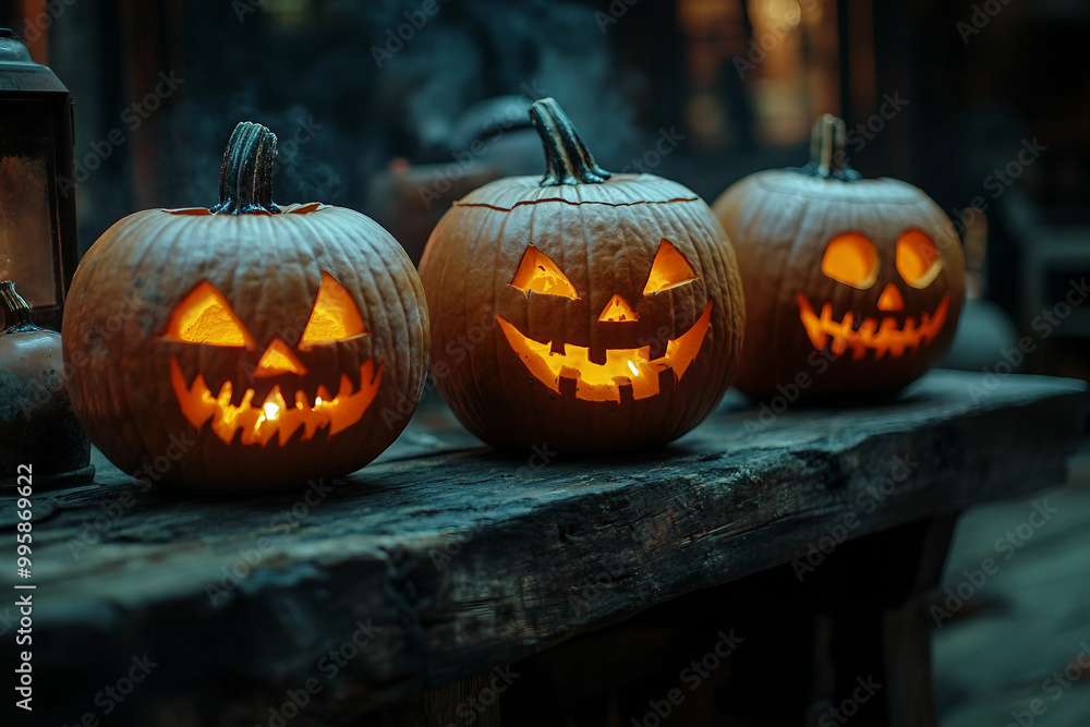 Generative AI photo of funny halloween pumpkins outdoors horror autumn night decor Generative AI photo of funny halloween pumpkins outdoors horror autumn night decor