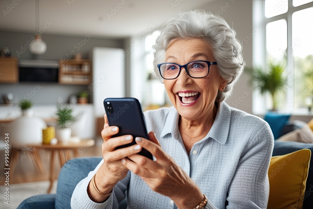 Excited Senior Woman Engaging Socially at Home Using Smartphone Excited Senior Woman Engaging Socially at Home Using Smartphone
