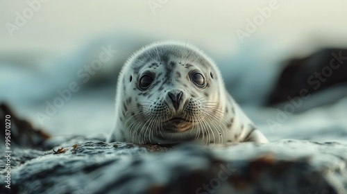 This image highlights the face of a seal, focusing on its round eyes which give a sense of innocence. The blurred background adds depth to the portrait against the coastal context. photo