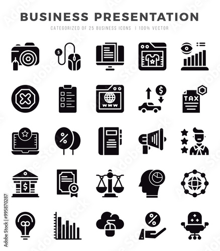 Business Presentation icons set. Collection of simple Glyph web icons.