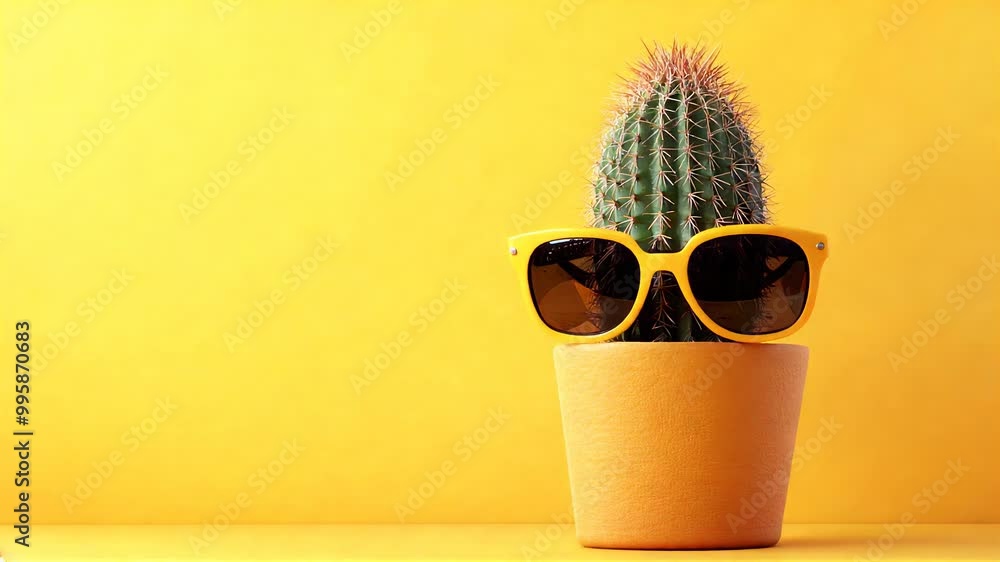 3D cactus in a small flower pot wearing oversized yellow sunglasses. Concept of summer, fun, and playful nature. 3D cactus in a small flower pot wearing oversized yellow sunglasses. Concept of summer, fun, and playful nature.
