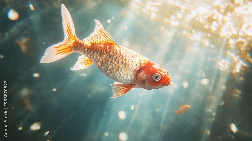 A Golden Koi Fish Swimming Through Sunlit Water A Golden Koi Fish Swimming Through Sunlit Water