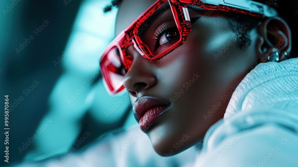 An artistic image featuring a close-up of a person wearing red glasses, set against a vibrant blue background, capturing a modern, stylish, and slightly mysterious mood. An artistic image featuring a close-up of a person wearing red glasses, set against a vibrant blue background, capturing a modern, stylish, and slightly mysterious mood.