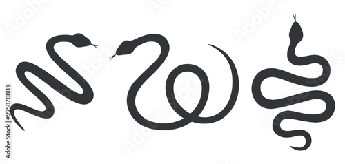 Black snake silhouettes set. Hand drawn snakes with different shapes. Wild animals or tropical nature theme. Symbol of 2025 Chinese New Year. Vector illustration on white background.