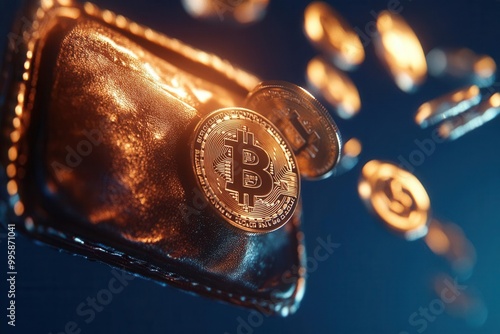 A close-up of a leather wallet with Bitcoin coins, illustrating digital currency and financial technology. photo