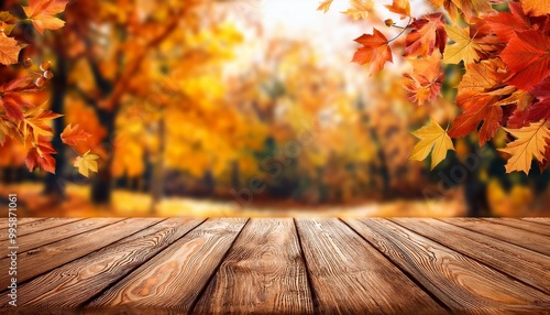 Nature-inspired advertising, wooden table, golden leaves