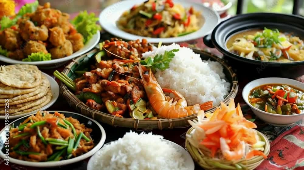 Ethnic asian food, nasi campur. A photograph of a traditional asian ethnic main course meal of Nasi Campur, or white rice served with many assorted local side dishes of various spicy meats, fish and v Ethnic asian food, nasi campur. A photograph of a traditional asian ethnic main course meal of Nasi Campur, or white rice served with many assorted local side dishes of various spicy meats, fish and v
