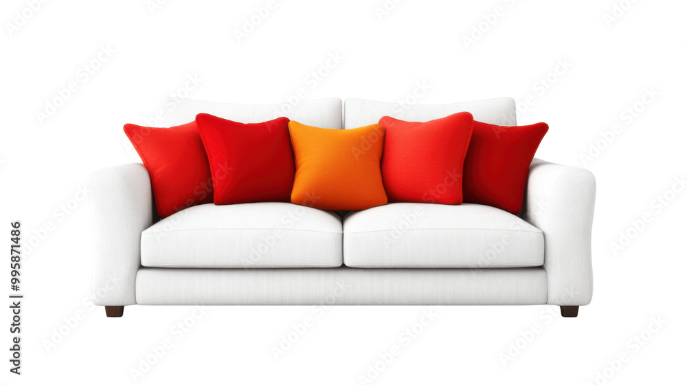 Modern white sofa with colorful cushions on an isolated background. PNG