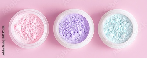 A set of shimmering highlighter swatches in holographic hues, blending seamlessly from lavender to icy blue with a glowing finish.