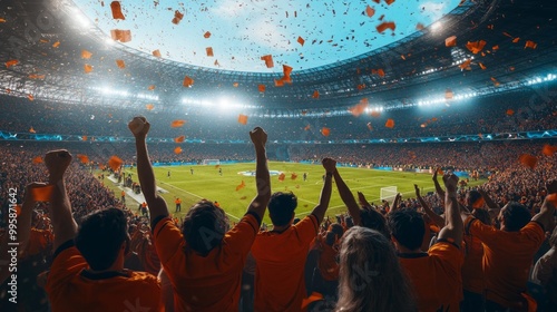 A stadium full of people are cheering for their team. The crowd is very enthusiastic and the atmosphere is very lively