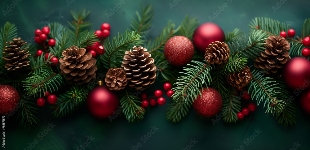Christmas red decoration and spruce tree on green background top view. Merry Christmas and Happy Holidays greeting card, frame, banner. New Year. Noel. Winter xmas theme. Christmas red decoration and spruce tree on green background top view. Merry Christmas and Happy Holidays greeting card, frame, banner. New Year. Noel. Winter xmas theme.