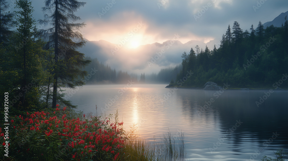 A serene morning at a mountain lake with mist rising from the water and the sun casting a warm glow over the scene A serene morning at a mountain lake with mist rising from the water and the sun casting a warm glow over the scene