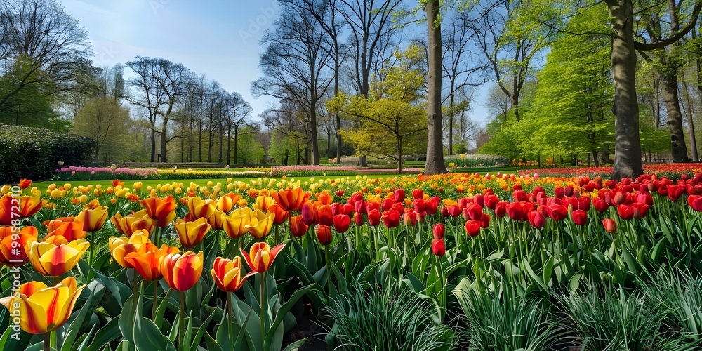 Fototapeta premium Tulip field Easter spring background with tulips in a beautiful meadow and cloudscape