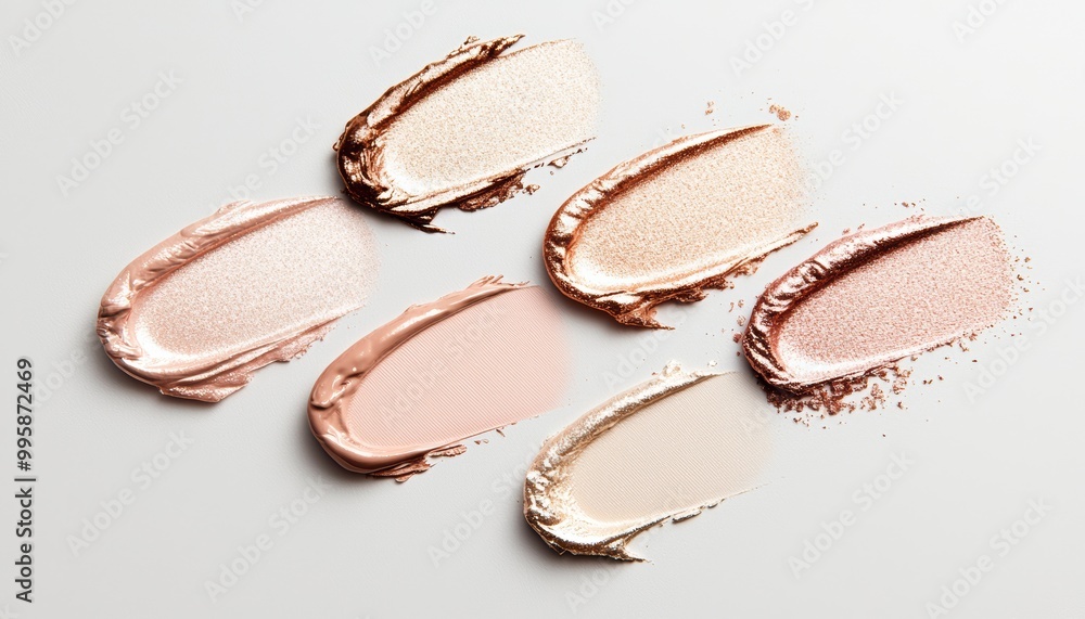 A soft gradient of foiled highlighter swatches in shades of pearl, rose gold, and champagne, blending together with a smooth metallic texture. A soft gradient of foiled highlighter swatches in shades of pearl, rose gold, and champagne, blending together with a smooth metallic texture.