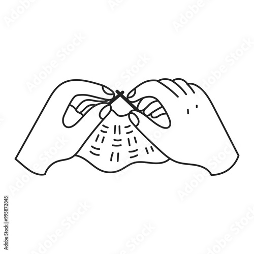 Knitting Hands Doodle. Fingers holding needles and knitwear. Gesture. Outline isolated vector illustration