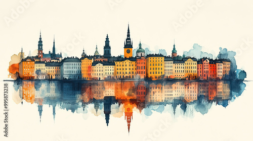 Stockholm, Sweden, color pen pencil hand-drawn effect drawing illustration for travel poster, card, wallpaper, backdrop or banner. Modern, clear, artistic and simple