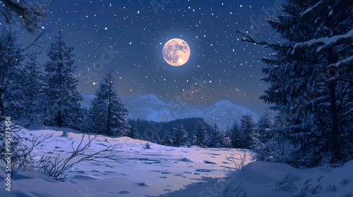 A clear winter night sky with a bright full moon and twinkling stars. photo