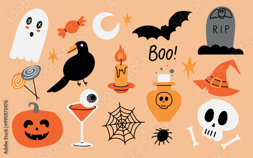 Cute Halloween element set on beige background. Ghost, candle, spider, raven, bat, pumpkin, skeleton. For scrapbooking, sticker, card, poster.
