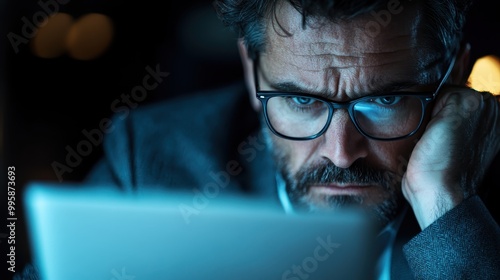 A business professional in formal attire is seated at a laptop, working intently in a dim environment, representing dedication and focus. photo