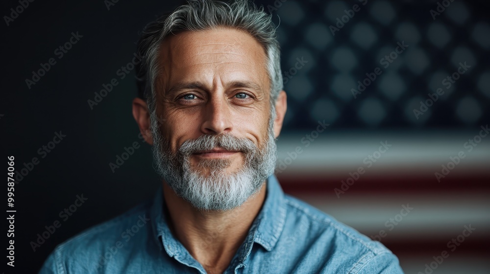A gray-bearded man wearing a denim shirt, warmly smiling, standing before an American flag showcasing charisma and familiarity. A gray-bearded man wearing a denim shirt, warmly smiling, standing before an American flag showcasing charisma and familiarity.