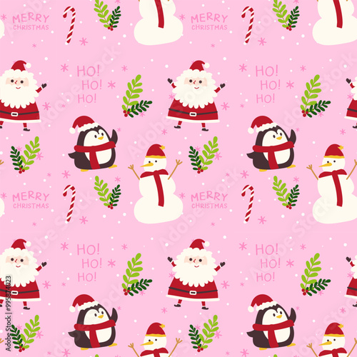 Hand-Drawn Christmas Holiday pattern seamless.Santa claus, snowman Penguin cookie illustration.