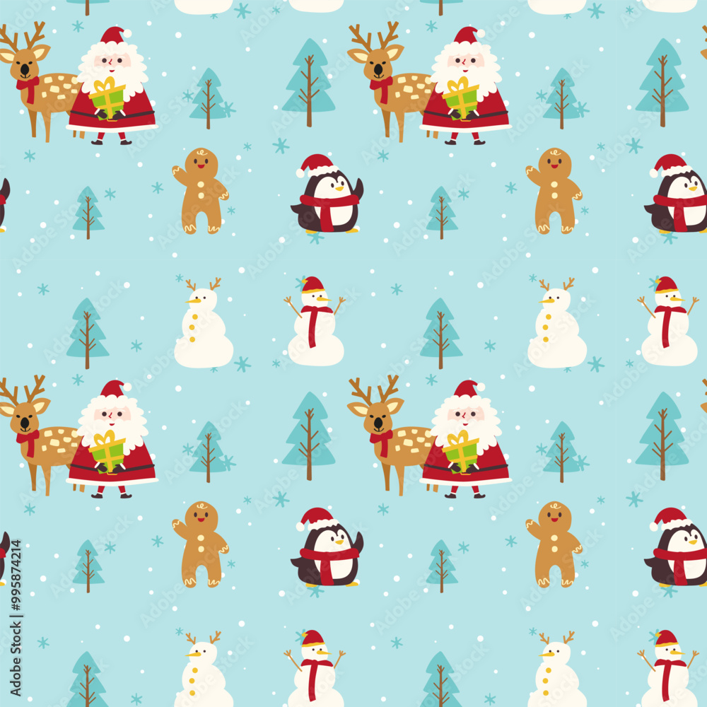 Hand-Drawn Christmas Holiday pattern seamless.Santa claus, snowman gingerbread cookie illustration.