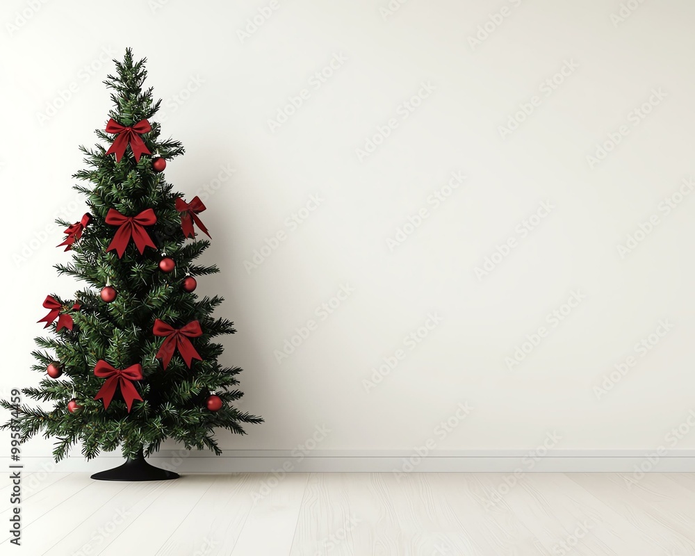 Decorated Christmas tree with red bows and ornaments in a minimalist room with a white wall and light wood floor, capturing festive simplicity. Decorated Christmas tree with red bows and ornaments in a minimalist room with a white wall and light wood floor, capturing festive simplicity.