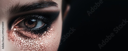 A streak of matte black eyeshadow with shimmering rose gold glitter, creating a glamorous smokey eye effect. photo