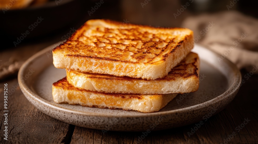 An appetizing image showing three slices of crispy, well-grilled toast neatly stacked on a ceramic plate, presented on a wooden tabletop. An appetizing image showing three slices of crispy, well-grilled toast neatly stacked on a ceramic plate, presented on a wooden tabletop.