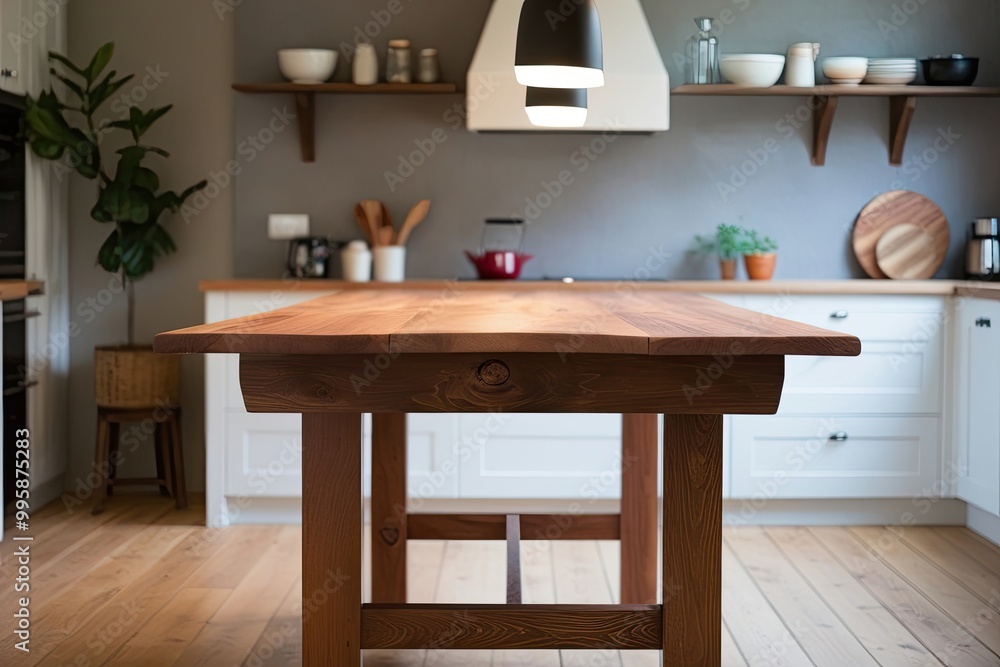 Fototapeta premium Artisan Wooden Dining Table in Cozy Kitchen Setting