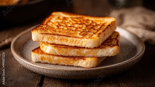 An appetizing image showing three slices of crispy, well-grilled toast neatly stacked on a ceramic plate, presented on a wooden tabletop.