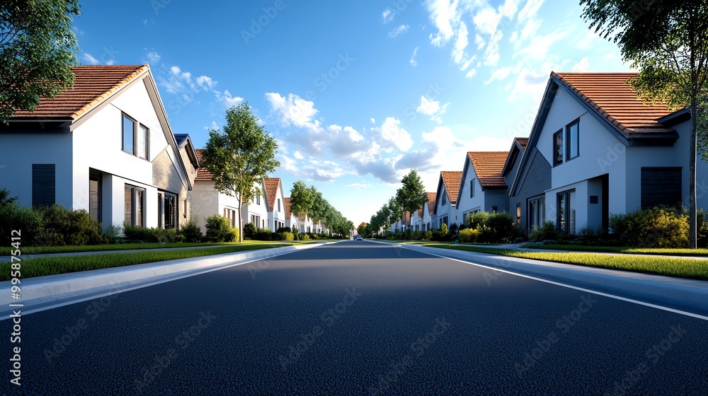 Residential street with modern houses and blue sky, sunny day view. Residential street with modern houses and blue sky, sunny day view.