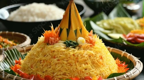 Indonesian Tumpeng. Tumpeng is a cone-shaped rice dish like mountain with its side dishes (vegetables and meat). Traditionally featured in the slamatan ceremony, the cone shape of rice is made by usin photo