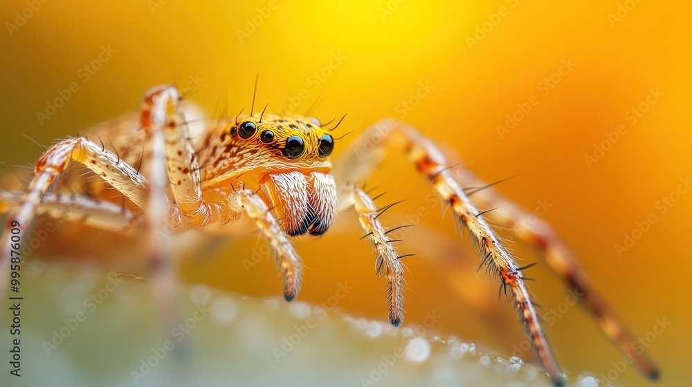 Fototapeta premium A vivid, colorful spider photographed up close, displaying its distinctive features while perched on a textured surface, highlighting its eye arrangement and leg structure.