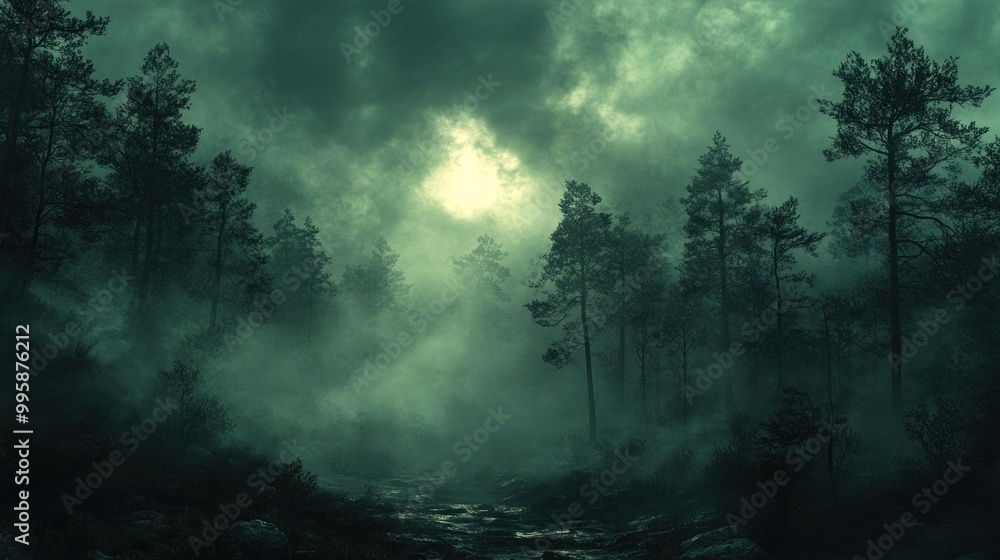 Misty forest landscape with eerie lighting and dense fog.