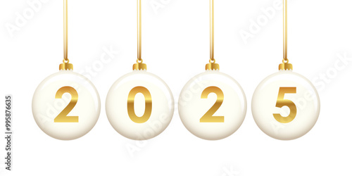 golden colored christmas balls 2025 isolated vector illustration