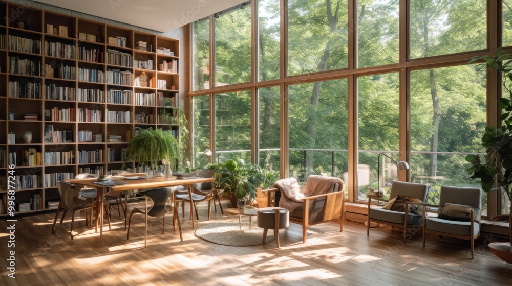 Obraz premium Modern Home Library with Large Windows and Natural Light
