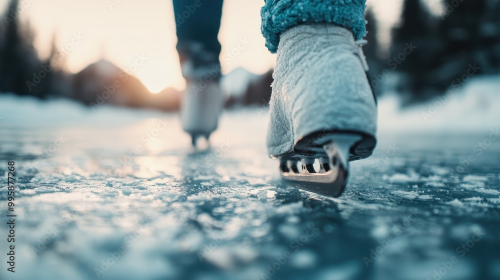 A close-up of a person ice skating on a frozen lake at sunset, capturing the icy surface along with the motion of the skates in a serene and scenic winter setting. A close-up of a person ice skating on a frozen lake at sunset, capturing the icy surface along with the motion of the skates in a serene and scenic winter setting.