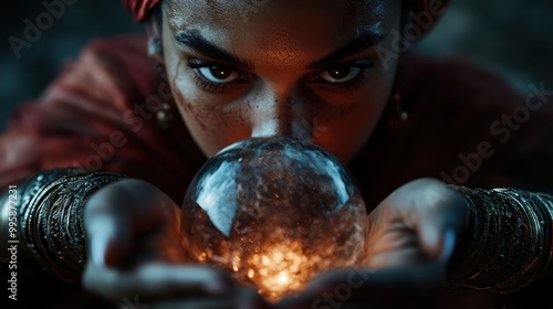 A mysterious figure holds a glowing crystal, and the scene is enveloped in dark, mystical ambiance. The image suggests themes of magic, mystery, and ancient rituals. photo