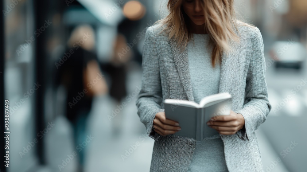A person dressed in a professional grey suit is engrossed in reading a book while standing in an urban environment, capturing a moment of knowledge and calm amidst the busy city life. A person dressed in a professional grey suit is engrossed in reading a book while standing in an urban environment, capturing a moment of knowledge and calm amidst the busy city life.