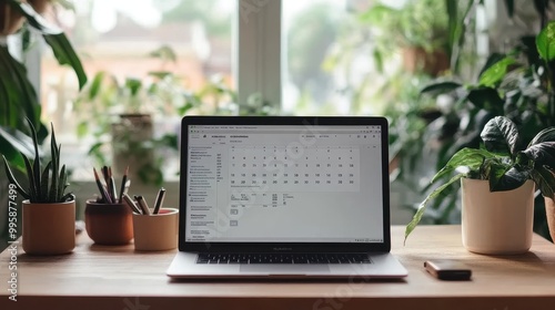 Laptop on Desk with Potted Plants in Home Office