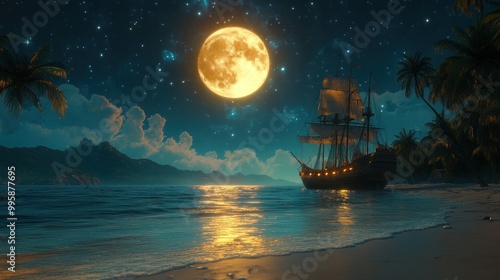 A serene night scene featuring a ship under a glowing moon.