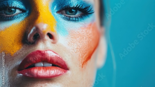 An image highlighting vibrant and colorful face paint on a person set against a vivid blue background, offering an artistic representation full of contrast and creativity. photo