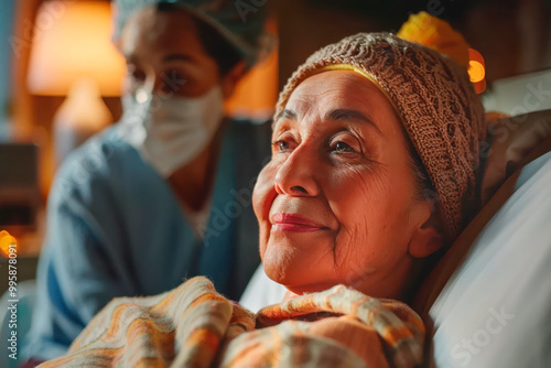 Smiling recovering woman 60 years old with cancer after chemotherapy lies in bed, doctor watches her