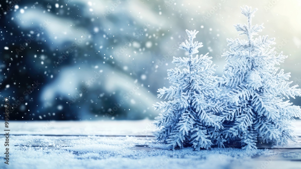 Whimsical Winter Wonderland Scene with Snowy Fir Trees on Wooden Platform Whimsical Winter Wonderland Scene with Snowy Fir Trees on Wooden Platform